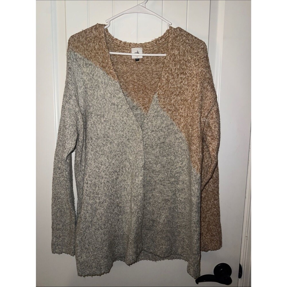Cabi Tilt Diagonal Color Block Long Snap Front Cardigan Sweater Gray Tan S